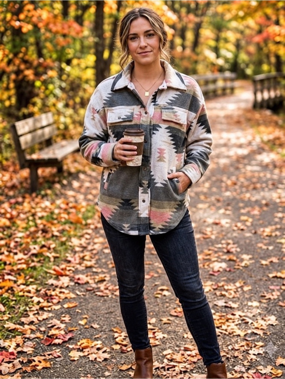 Aztec-Print Utility Shacket in Gray and Pink